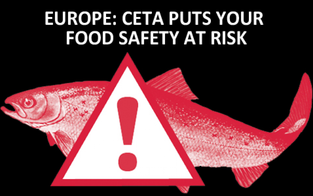 "Europe: CETA puts your food safety at risk". White text on a black background above a red fish with a red and white caution sign.