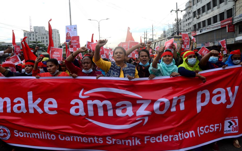 Garment workers stage a protest against Amazon demanding fair wages and union rights for all Amazon supply chain workers in Dhaka, Bangladesh, November 2020. 