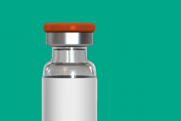 A vaccine bottle on a teal background.
