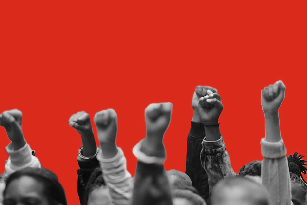Raised fists on red BG
