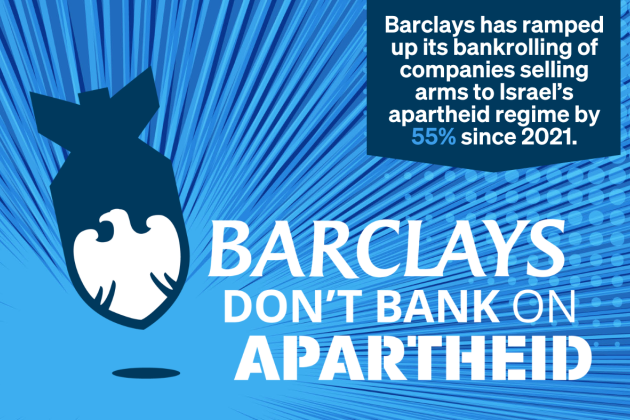 Blue background with bomb with Barclays logo inside. Text reads: Barclays don't bank on apartheid.