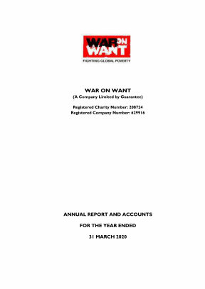 Front cover of War on Want's annual report and accounts for the year ended 31 March 2020