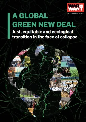 Front cover of the Global Green New Deal briefing. Shows title in green text reading 'A Global Green New Deal' and a graphic of the world.