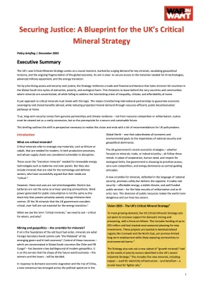 A report briefing opening page. There is text on the page mostly in black,  but also in red. The War on Want logo is in the top right hand corner.