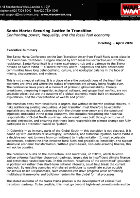 A page with a lot black text on it, and a black header with the red War on Want logo