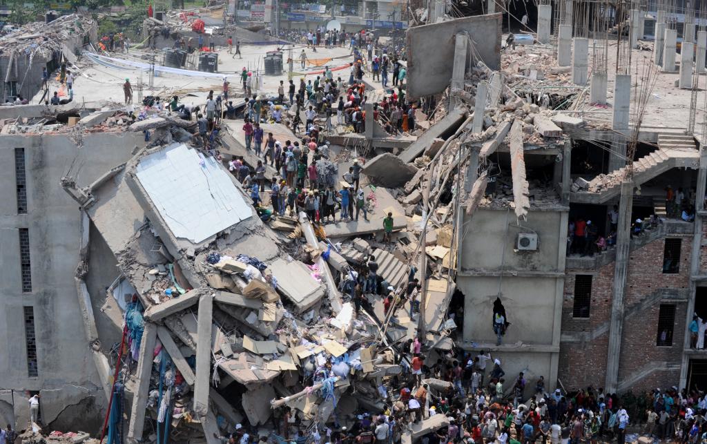 An aerial view of the Rana Plaza building collapse which killed over 1,000 people in Dhaka, Bangladesh, April 2013. 