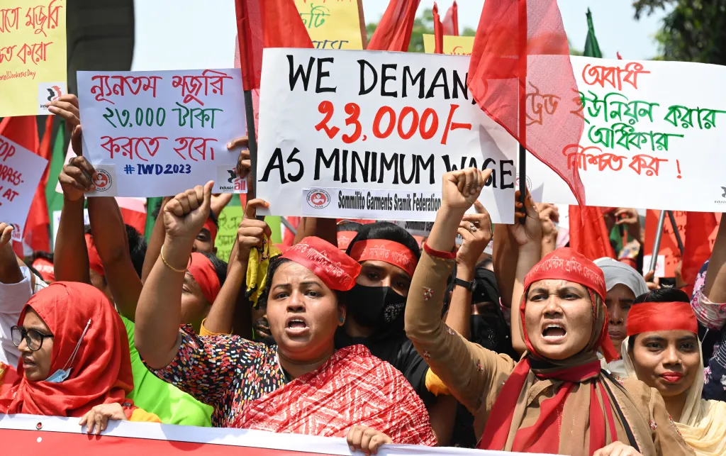 Bangladeshi garment workers and other labour rights activists take part in a rally to mark International Workers' Day in Dhaka, Bangladesh, on May 1, 2023.