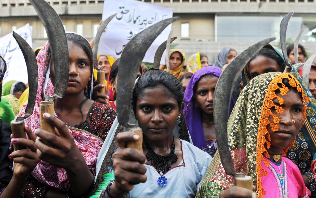 Pakistani women farmers hold sickles during a protest against the escalating cost of living crisis caused by national debt in Karachi, Pakistan, October 2008. 