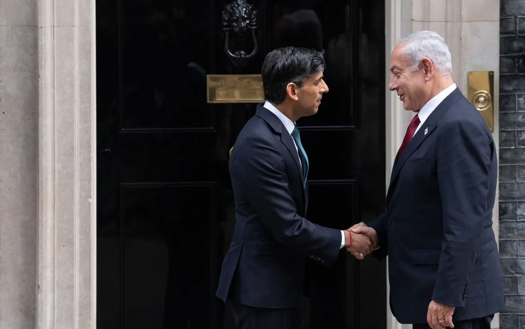 UK Prime Minister, Rishi Sunak, shakes hands with Israeli Prime Minister, Benjamin Netanyahu, in front of no.10 Downing Street in London.