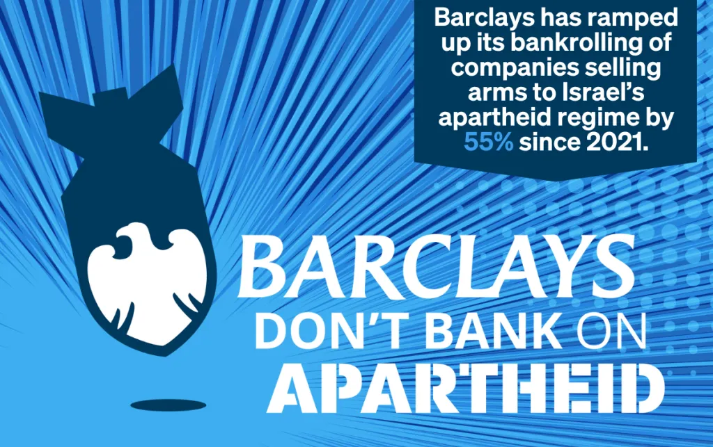 Blue background with bomb with Barclays logo inside. Text reads: Barclays don't bank on apartheid.