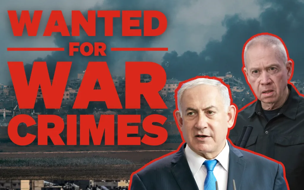 Israel Prime Minister Benjamin Netanyahu and former Defence Minister Yoav Gallant in front of a picture of the Gaza Strip with smoke billowing up. Text overlay reads 'WANTED FOR WAR CRIMES'.