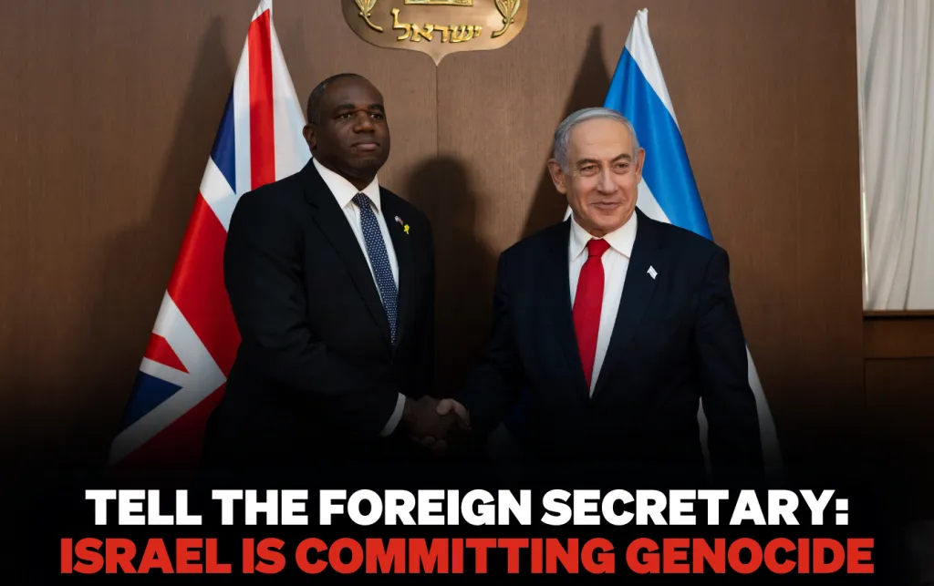 David Lammy, UK Foreign Secretary, shakes hands with Benjamin Netanyahu, Israel's Prime Minister.