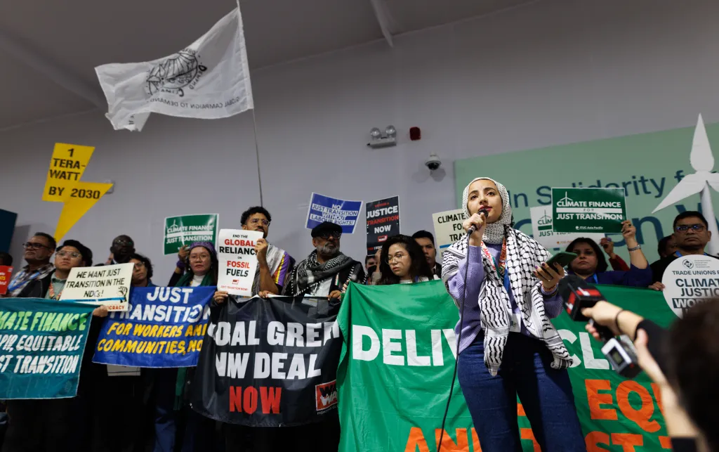 People holding banners and placards during a protest at the UN Climate Summit COP29