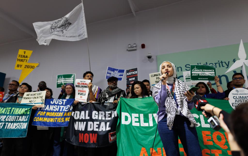 People holding banners and placards during a protest at the UN Climate Summit COP29