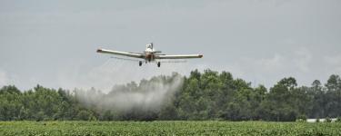 A small low-flying aircraft spraying pesticides on a field of green crops.