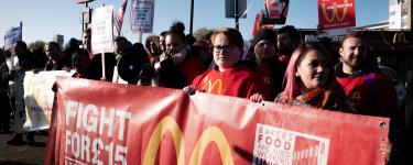 Workers take strike action on 4 November 2019, protesting in front of a McDonald's restaurant. Photo: War on Want