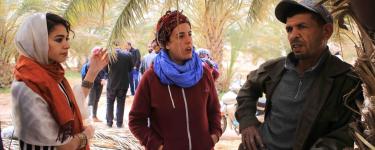 Activists from Algeria and Morocco talking with one of the agricultural workers in the oasis of Jemna in southern Tunisia about their experience since 2011 and the challenges they are still facing. This was part of an international solidarity caravan to southern Tunisia supported by War on Want in the spring of 2017. Photo Credit: Nadir Bouhmouch