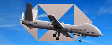 An ad-hack showing an Elbit Hermes 900 drone over a HSBC logo in grey cut out of a blue sky. The red HSBC logo is in the bottom-left, the Elbit logo bottom-centre, and text in the bottom-right reads "Together we destroy"
