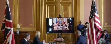 US-UK trade deal negotiations happening over video feed. Photo: Andrew Parsons / No 10 Downing Street