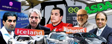 Composite image with five faces, brand logos and luxury cars