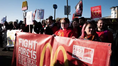 Workers take strike action on 4 November 2019, protesting in front of a McDonald's restaurant. Photo: War on Want