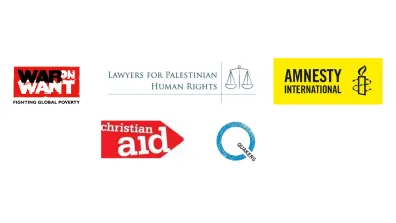 Logos of the signatories: War on Want, Lawyers for Palestinian Human Rights, Amnesty International, Christian Aid, Quakers