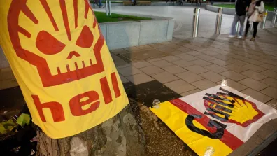 Vigil at the Shell Centre, London, on the 17th Anniversary of Ken Saro-Wiwa and the Ogoni 9. A banner has the Shell logo as a skull and reads "hell". Another banner has the word "Guilty" over the Shell logo. Photo: Martin LeSanto-Smith 2012
