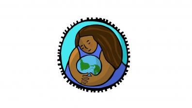 COP25 People's Summit logo – a brown woman with long brown hair embraces the planet. 