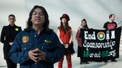 Gilberto Torres with theatrical group 'BP or not BP?' inside the British Museum. Photo credit: Tom Lebert