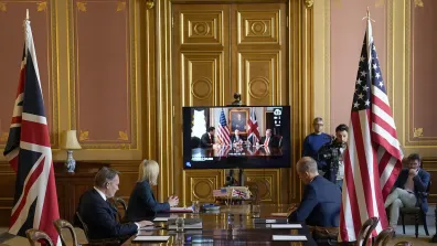 US-UK trade deal negotiations happening over video feed. Photo: Andrew Parsons / No 10 Downing Street
